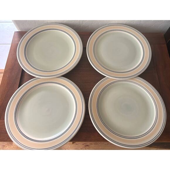 Pfaltzgraff Set 4 Key Largo 11" Stoneware Dinner Plates Cream Yellow Green Bands - Picture 3 of 6
